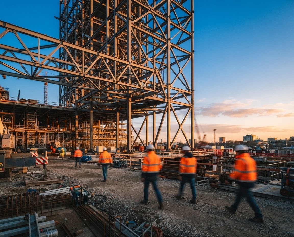 Monteurs lopen over een bouwplaats met een hoge staalconstructie