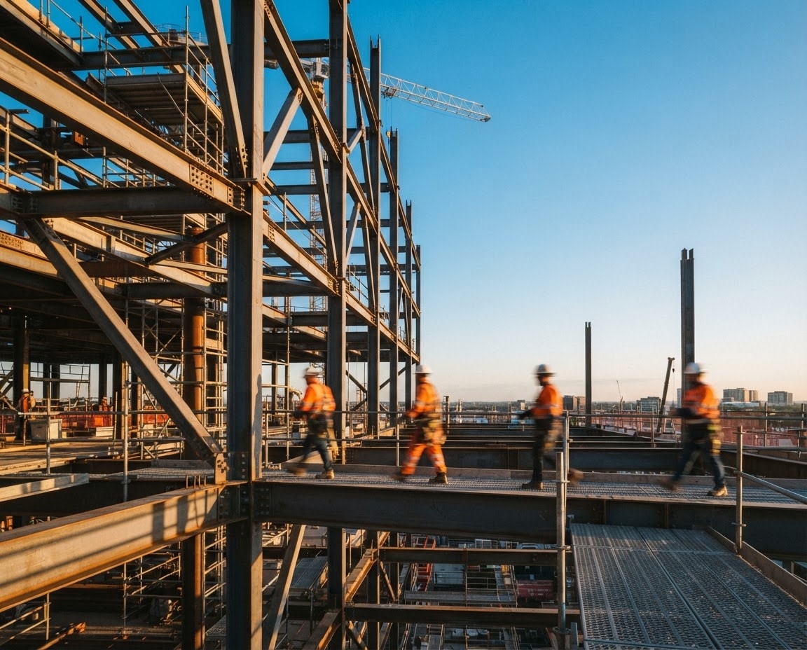 Monteurs op een staalconstructie in aanbouw